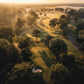 A muted tone overhead shot of a golf course at sunrise