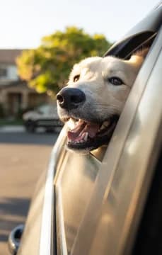 139759 Dog with Head Out of Car Window Driving on Neighborhood Street USP Crop