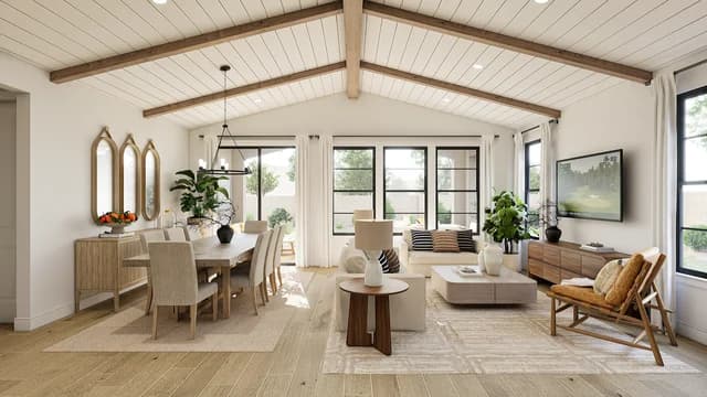 Great Room Stained Ceiling Beams with Shiplap