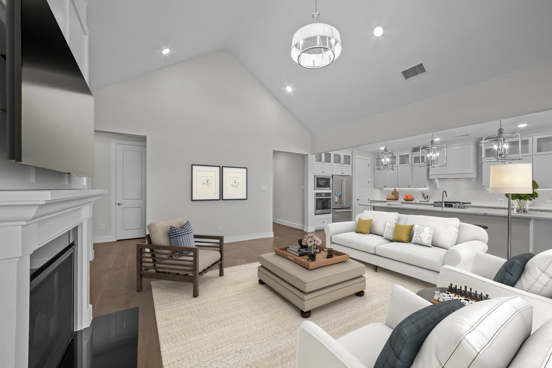 Great room with designer lighting