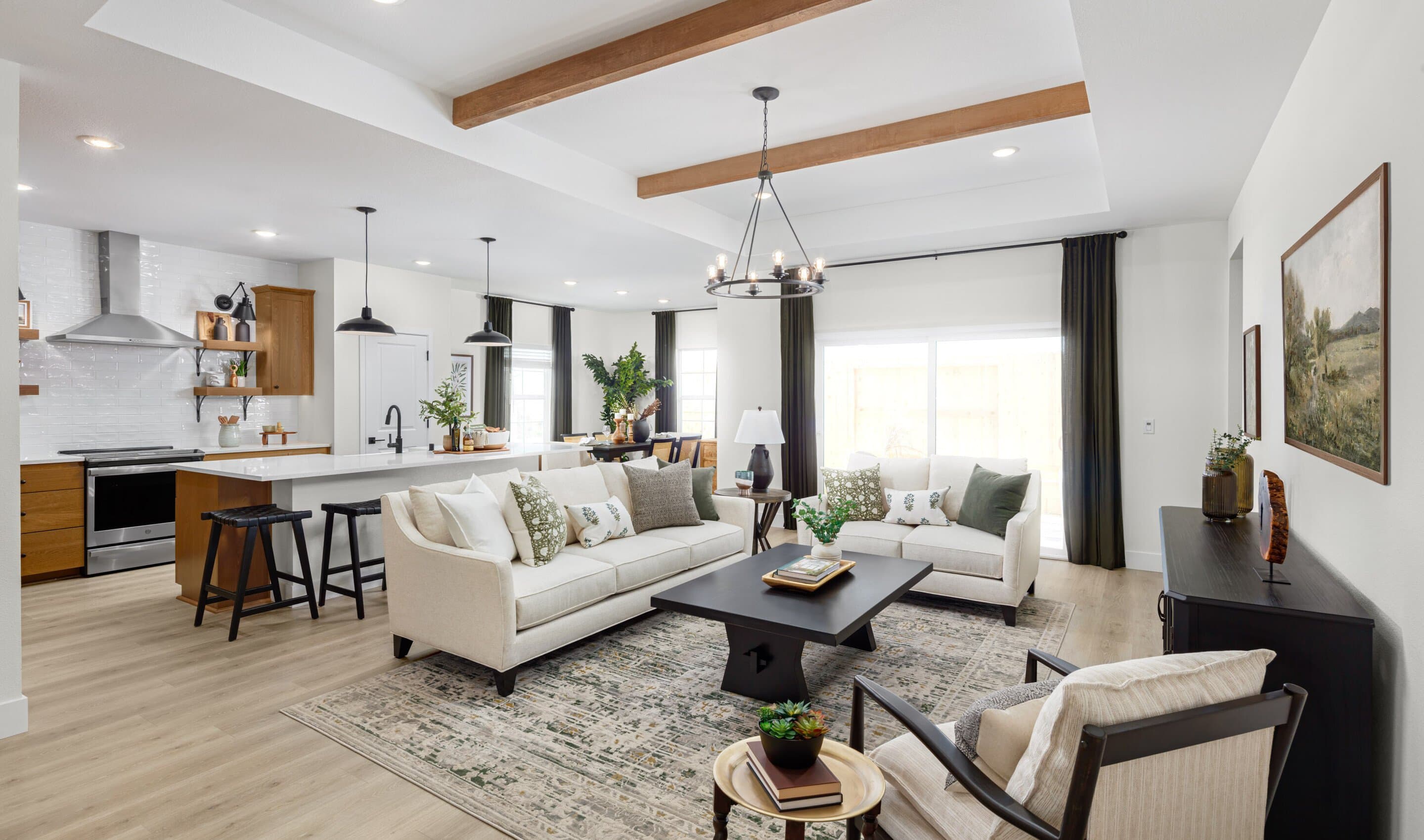 Great room with coffered ceiling and stained ceiling beams