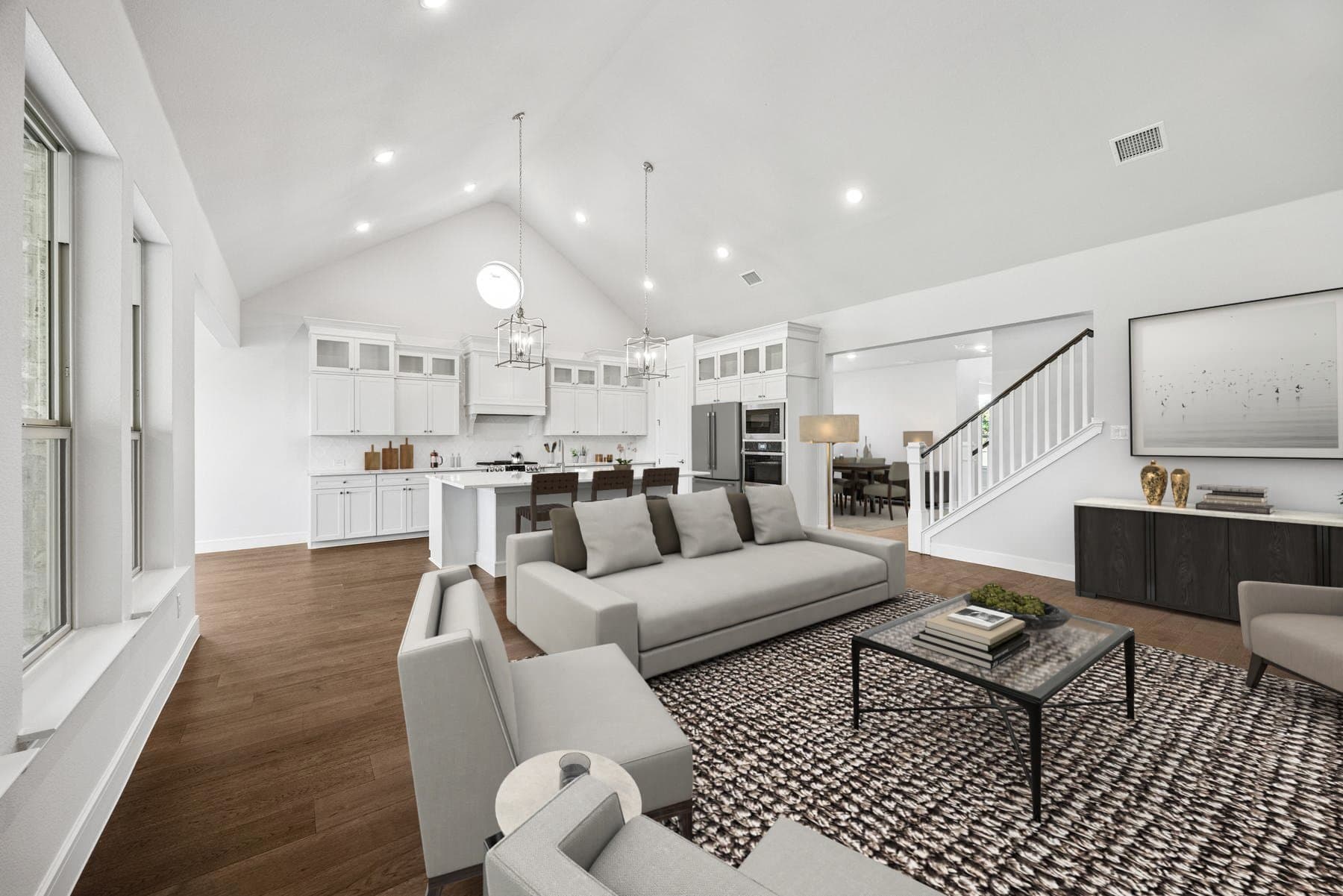 Great room with soaring vaulted ceiling