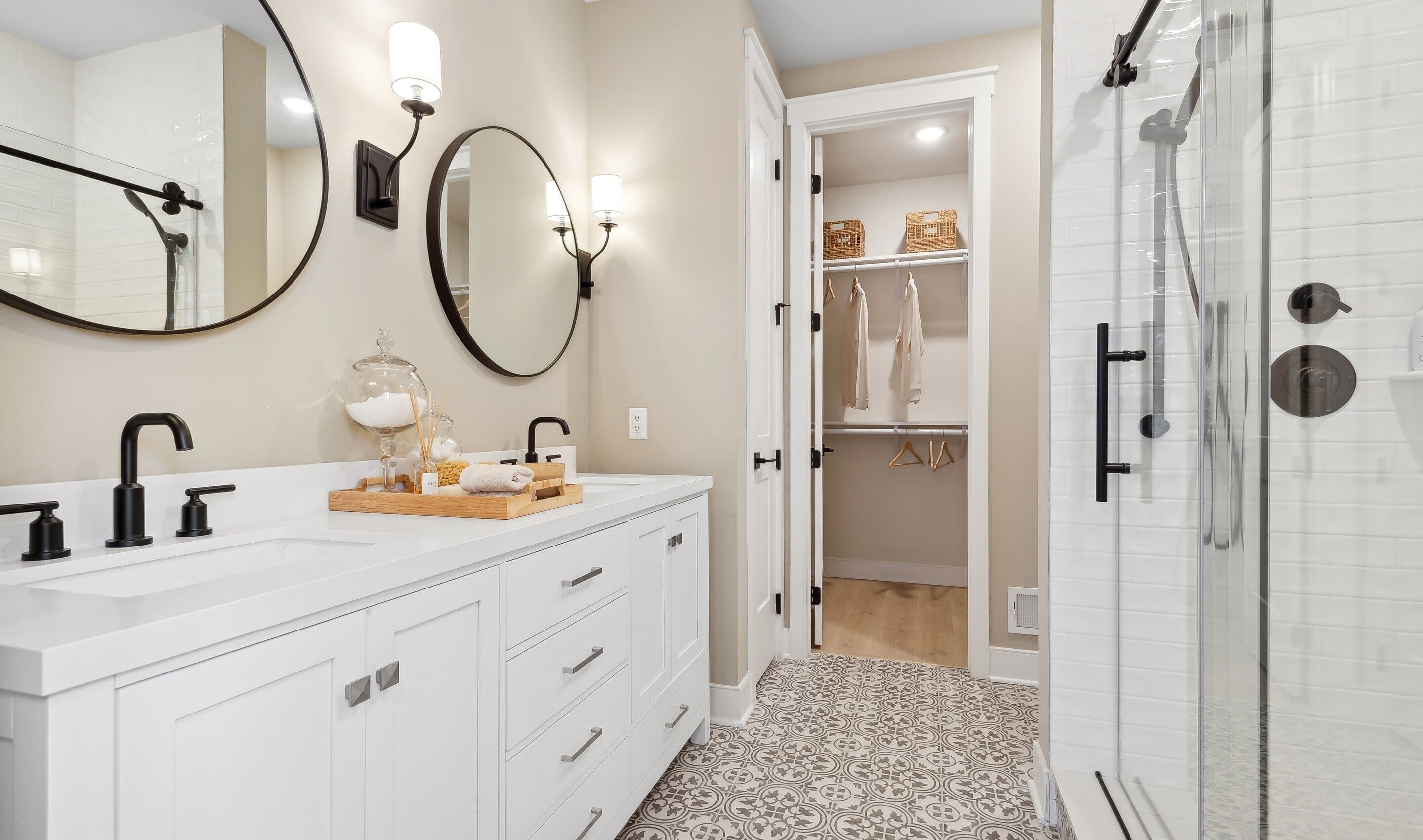 Primary bath with matte black hardware